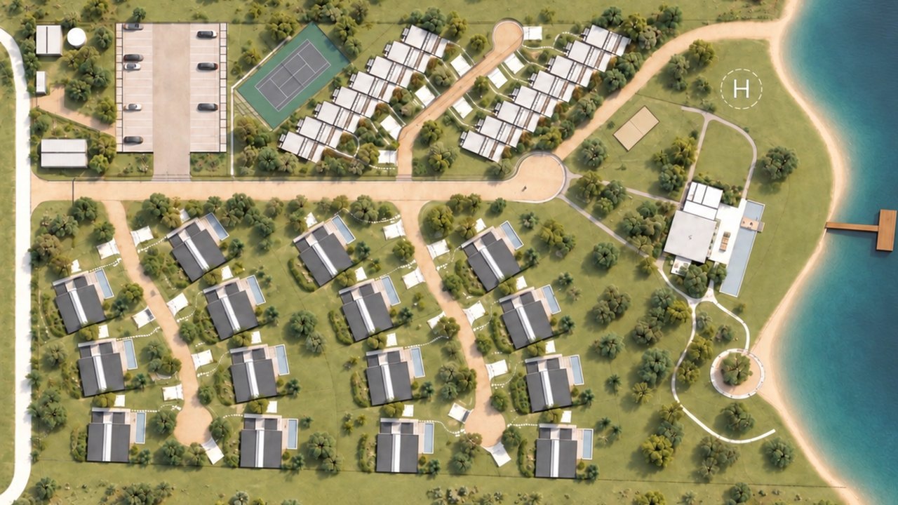 Planta de implantação do condomínio Reserva Mata Azul, vista de cima: 15 casas, 16 lofts, Club House, garagens náuticas e áreas de lazer à beira da represa