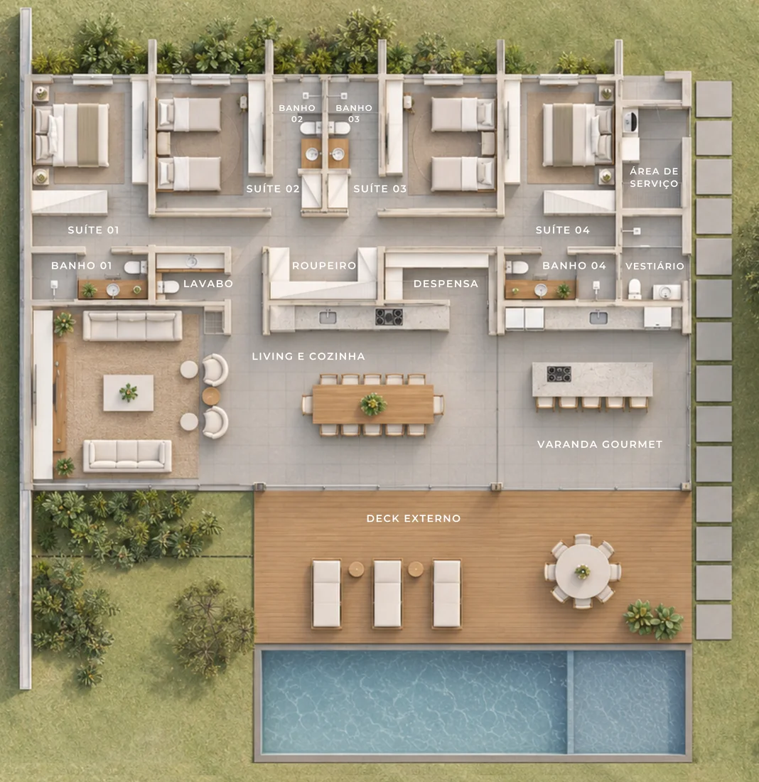 Planta humanizada da casa de quatro suítes da Reserva Mata Azul, com deck e piscina