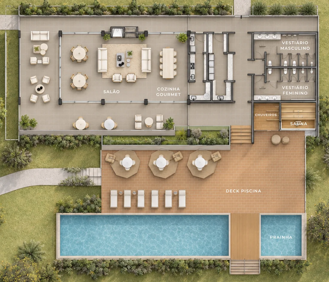Planta humanizada do Club House da Reserva Mata Azul, com salão, cozinha gourmet, vestiários, sauna, deck e piscina