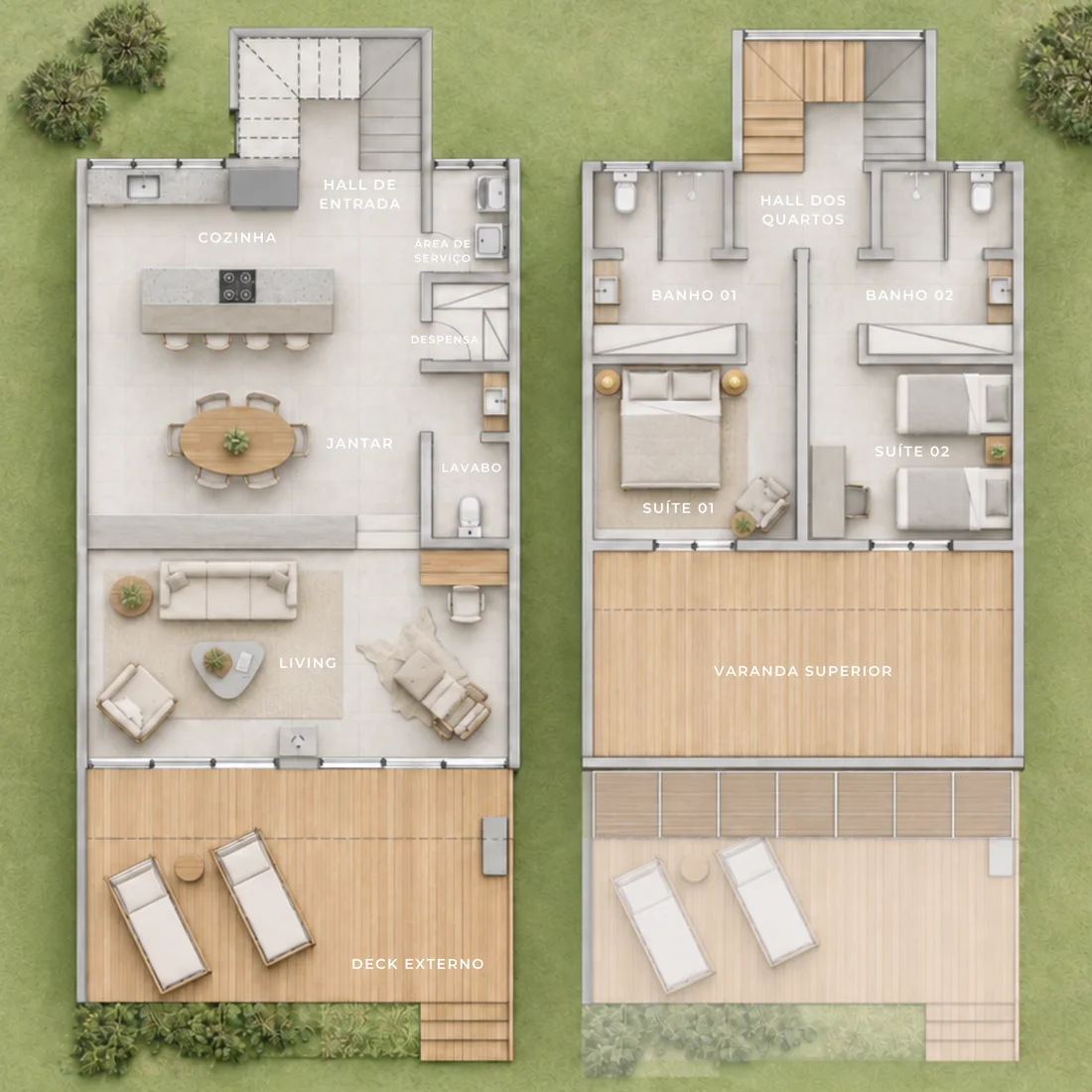 Planta humanizada de um loft da Reserva Mata Azul, pavimento térreo e superior